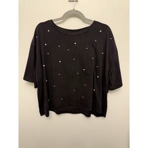 BaeVely Rhinestone Cropped Tee Large Black Oversized Shirt Crystal Sparkle NWOT